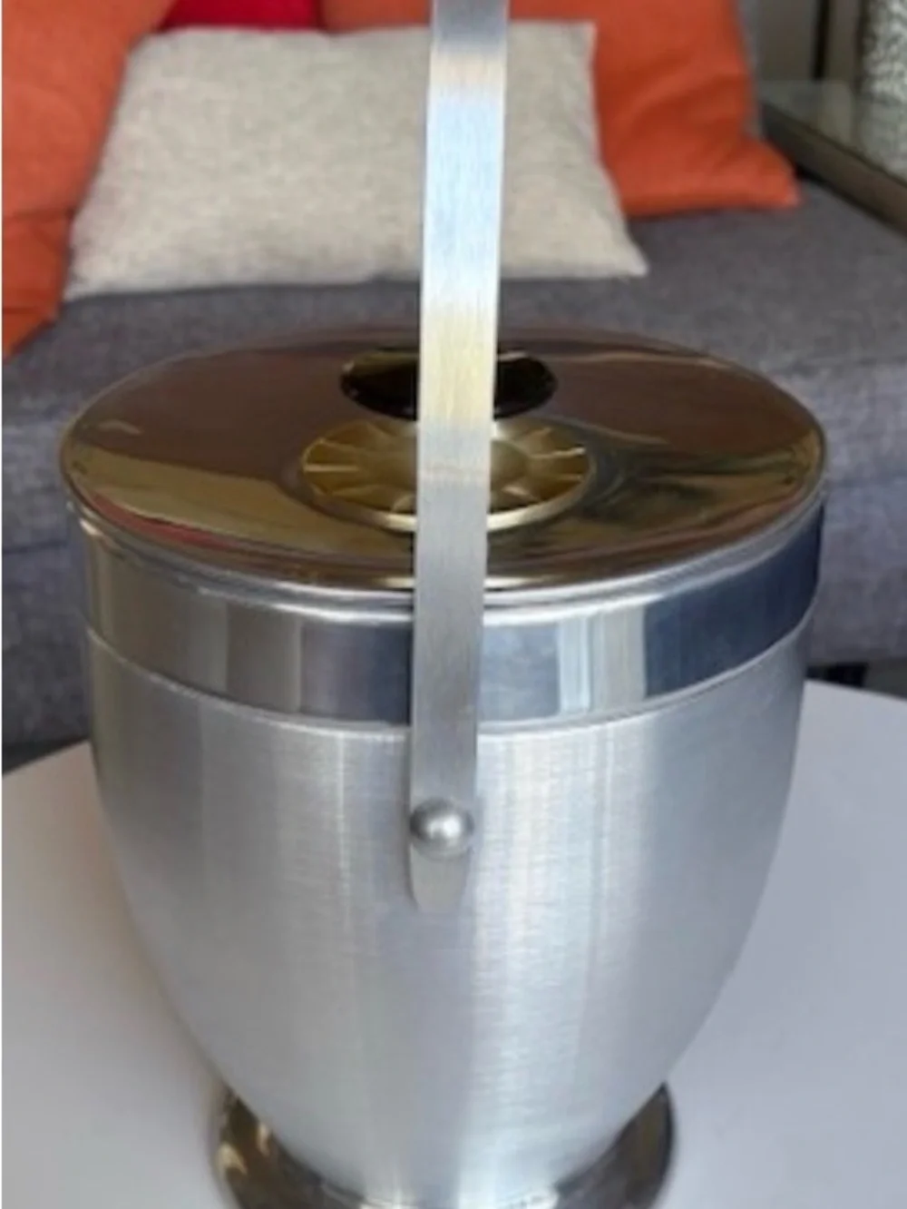 Vintage Aluminum Ice Bucket with Gold-Tone Lid and Handle